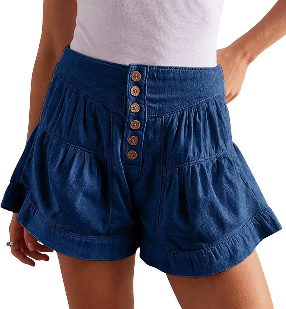 CHARTOU Women Cute Ruffle Hem Denim Short High Waist Wide Leg Jean Shorts Flare Stretchy Short with Pockets (Blue, L)