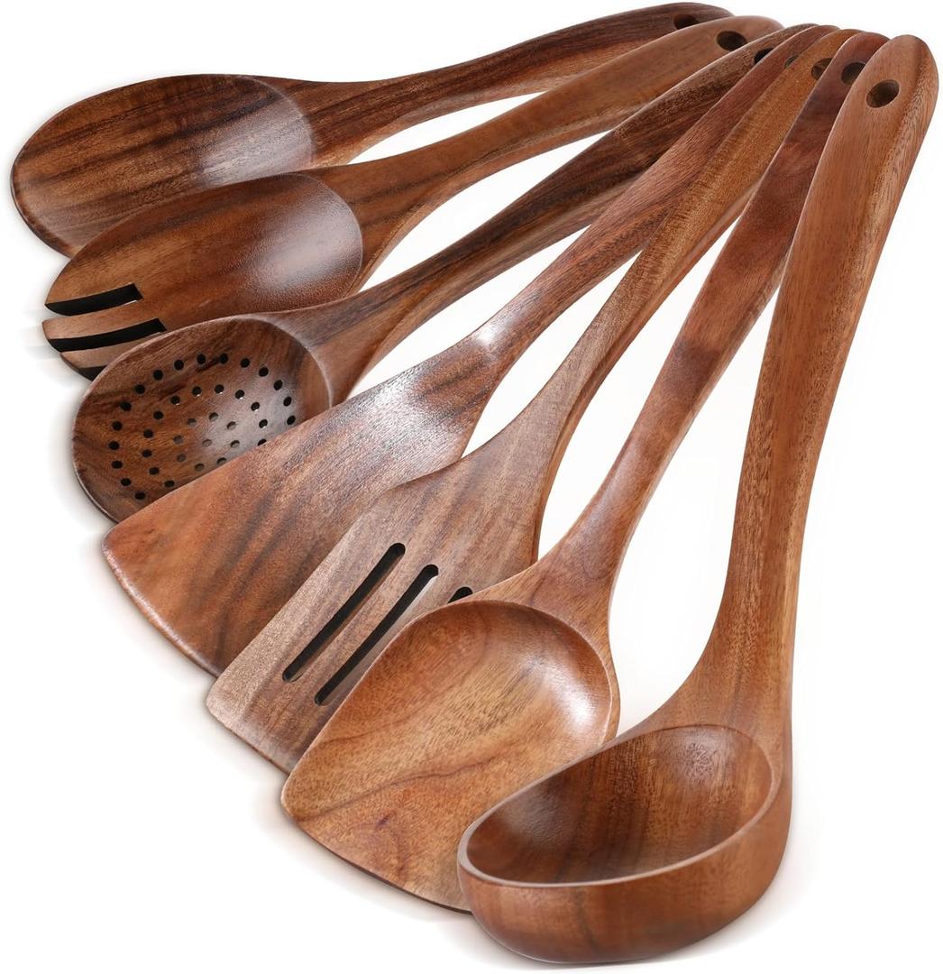 Wooden Spoons for Cooking - 7 Pieces Wooden Kitchen Utensils Set, Smooth Natural Teak Wood Utensil Set, Nonstick Heat-Resistant Cooking Utensils - Lightweight & Sturdy, Wooden Spatula for Cooking