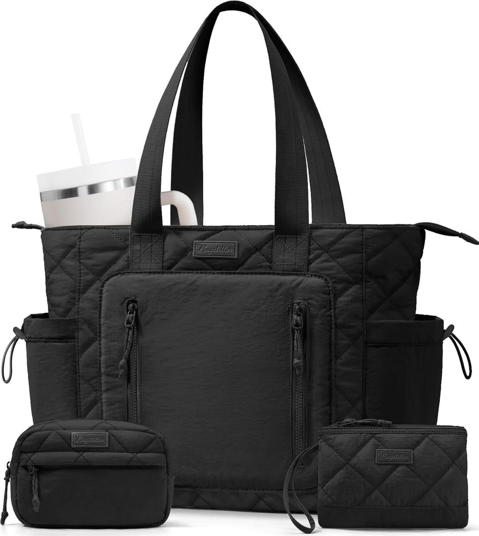 Puffer Tote Bag for Women, Lightweight Puffy Work Laptop Handbag Teacher Nurse Quilted Shoulder School Daily Travel Gym Bags (Black)