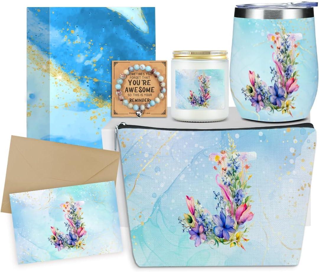 Personalized Gifts Monogrammed Birthday Gifts for Women, Maid of Honor Bachelorette Wedding Christmas Initial Wine Tumbler Makeup Bag, (Aesthetic Blue Flower J)