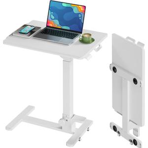 Foldable Mobile Standing Desk, 27 Inch Small Rolling Laptop Cart Height Adjustment, 90 Tiltable Bedside Table, No Assembly Needed Portable Computer Workstation, White