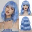 Light Blue Short Bob Wig with Bangs for Women Loose Wavy Wig Curly Wavy Shoulder Length Synthetic Bob Wigs for Girl Halloween Costume Cosplay Daily Use