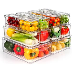 14 Pack Fridge Organizer, Stackable Refrigerator Organizer Bins with Lids, BPA-Free Fridge Organizers and Storage Containers for Fruit, Vegetable, Food, Drinks, Cereals, Clear