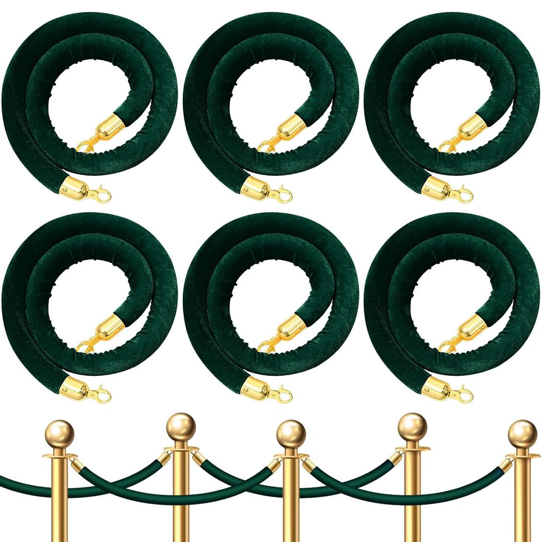 Fumete 6 Pieces Velvet Stanchion Rope Bulk 4 Feet Party Crowd Control Barrier Safety Velvet Rope with Gold Hook for Movie Theater Opening, Hotel, Carpet, Not Include Stanchion Post (Dark Green)