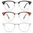 Przene Blue Light Blocking Glasses for Men Women Retro Round Semi Rimless UV400 Computer Eyewear 3-Pack Black/leopard/transparent