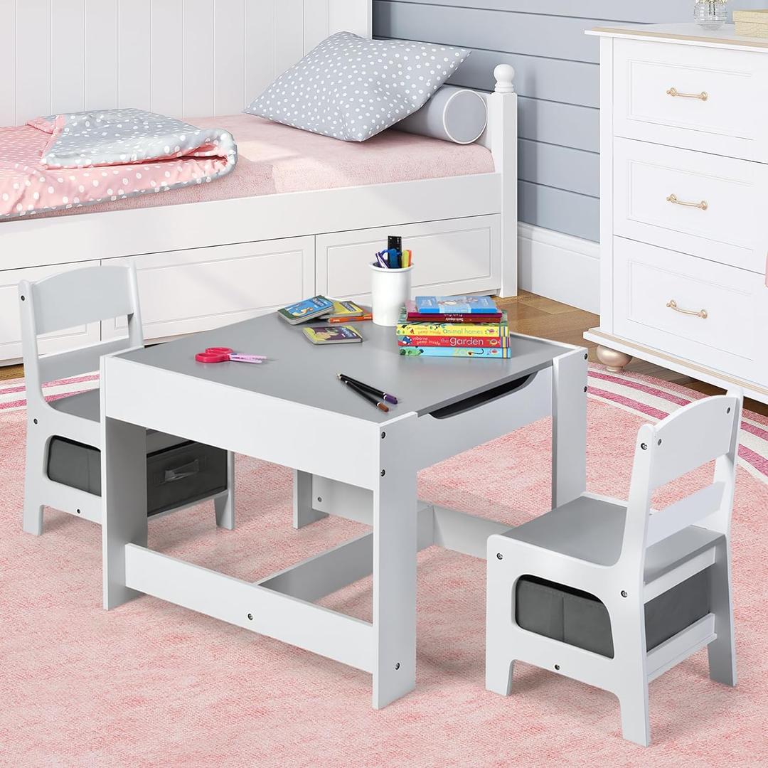 Costzon Kids Table and Chair Set, 3 in 1 Wooden Activity Table for Toddlers Arts, Crafts, Drawing, Reading, Playroom, Toddler Table and Chair Set w/ 2 in 1 Tabletop, Storage Space, Gift for Boy & Girl
