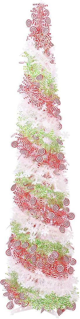 4 x 5FT Artificial Pencil Christmas Tree, Red Green White Pop Up Small Christmas Tinsel Tree, for Home Holiday Porch Fireplace Xmas Indoor Party Decoration.