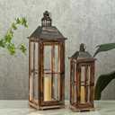 Large Farmhouse Wooden Decorative Lantern Set of 2, Rustic Distressed Brown Burnt Wood Floor Candle Lanterns, Indoor/Outdoor Hanging Lanterns for Home Decor (No Glass)