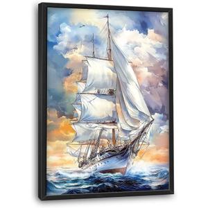 Lovira Nautical Sailboat Ship Large Wall Art Sailing Ocean Coastal Canvas Wall Decor Pictures Prints Painting Framed Vertical Artwork for Living Room Bedroom Bathroom Kitchen Office 24"x36"