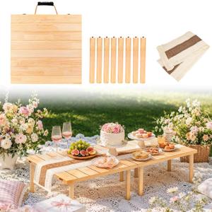 60"x30" Low Folding Picnic Table, Portable Boho Floor Table with Tablecloth, Ideal for Camping, Wedding, Beach, Garden, Party