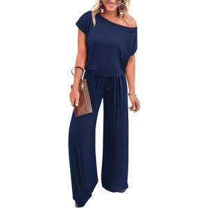 KIRUNDO Womens Jumpsuit 2026 Casual Summer Loose One Piece Off Shoulder Elastic Waist Wide Leg Long Romper with Pockets (Large, Navy)