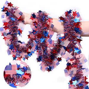 50 Feet Patriotic Tinsel Garland 4th of July Decorations, Red White and Blue Tinsel Metallic Glitter Garlands with Star Flag for Fourth July Independence Day Memorial Day Outdoor Indoor Decor