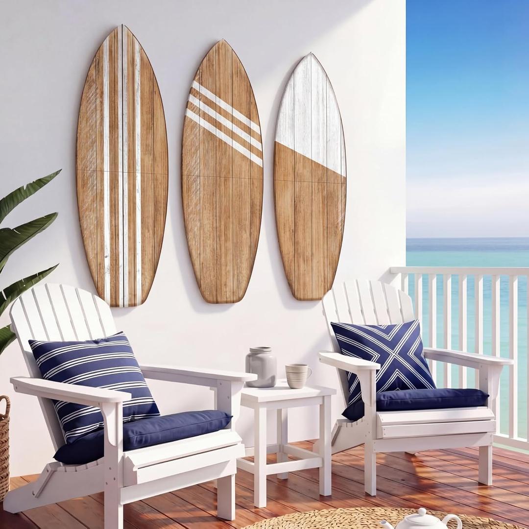 Yookeer 3 Pcs Surfboard Wall Decor,36" x 12" Large Wooden Surfboard Wall Art Set, Beach Room Decor Aesthetic Cute Beachy Tropical Surf Board Art for Surfer Bedroom Decoration (Wood,Classic)