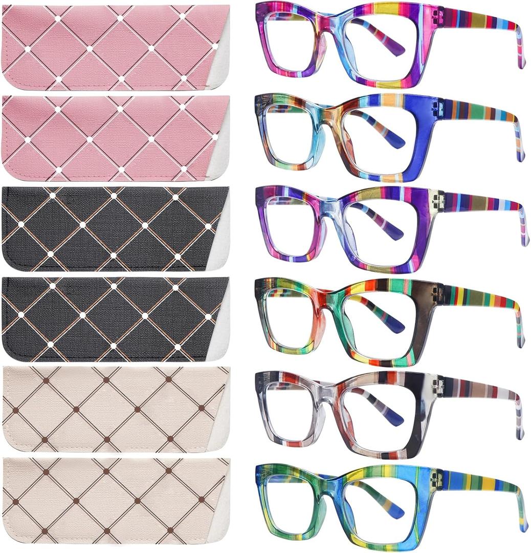 SIGVAN 6 Pack Oprah Style Reading Glasses Blue Light Blocking Square Computer Spring Hinge Readers for Women Men (6 Mix-1)