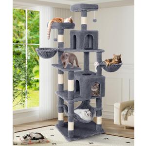 AMHANCIBLE Cat Tree, 70 Inch Tall Cat Tower for Indoor Cats, Multi-Level Cat Tree with Scratching Post, Hammock, Hanging Basket, Large Cat Condos for Adult Cats Kittens, Grey, PT18GY