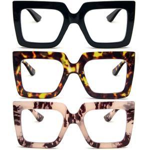 3 Pack Oversized Thick Frame Reading Glasses for Women,Stylish Square Large Readers Blocking Blue Light Glasses