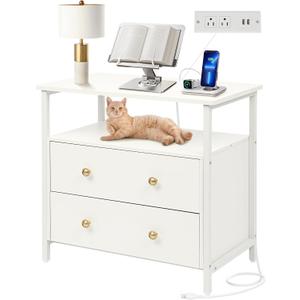 27 inch Wide Night Stand with Charging Station, Bedside Table with Open Shelf, 2 Drawers Small Wood Dresser, Modern Wood Nightstand for Bedroom/Living Room (White)