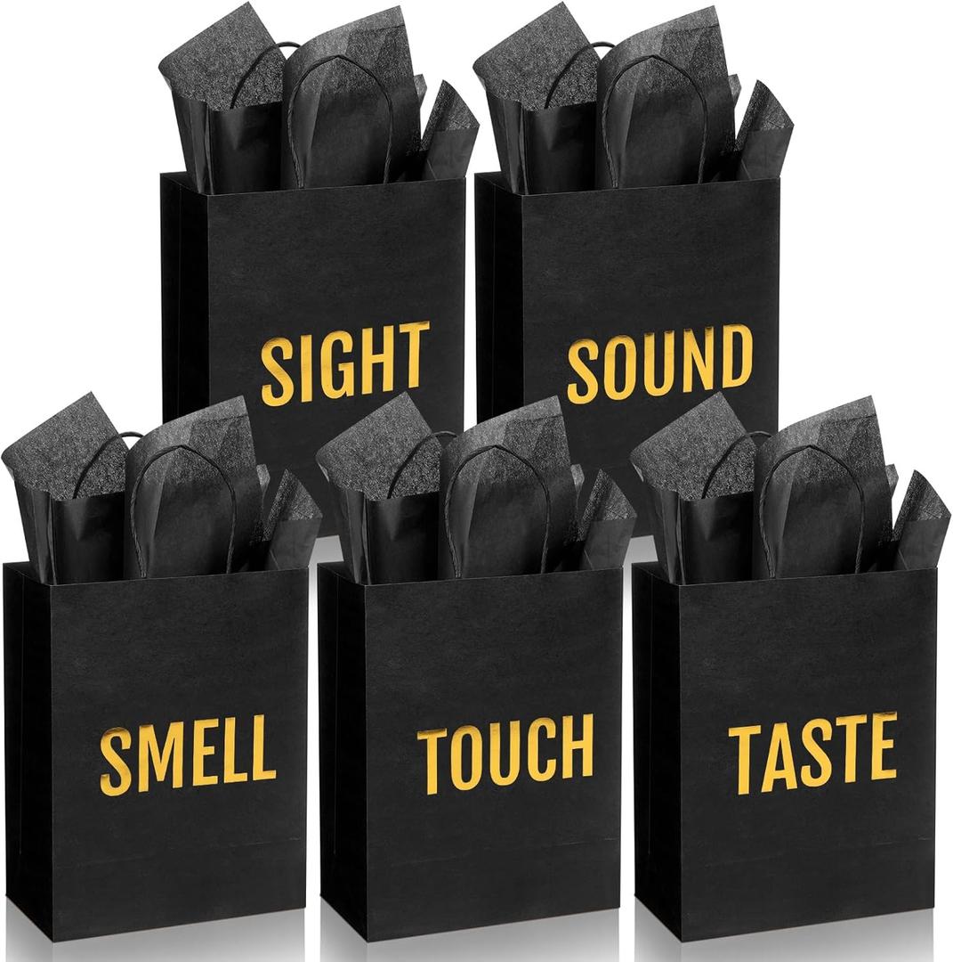 Kolldenn 5 Senses Gift Bags for Him for Her with 10 Pcs Tissue Paper, Paper Bags with Handles Five Senses Gifts for Valentines Christmas Birthday Wedding Anniversary(Black,8.3 x 4.3 x 10.6 Inch)