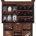 Kukikan Watch Jewelry Box Organizer, 6-Slot 2-Layer Watch Case and Sunglasses Storage with Large Glass Lid, Men's Jewelry Box with Lock, Watch Holder Display Case, Gift for Men Women