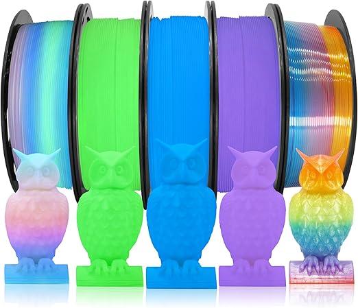 DO3D 1.75mm PLA 3D Printer Filament Bundle: Glow in Dark Green, Blue, Purple, Rainbow, One Spool Clear Multi Colored Rainbow, Each Spool 250g, Total 1.25Kg 3D Printing Filament, 250g x 4Spools PLA
