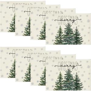 Artoid Mode Beige Pine Tree Snowflake Merry Christmas Placemats Set of 8, 12x18 Inch Seasonal Winter Xmas Holiday Table Mats for Party Kitchen Dining Decoration