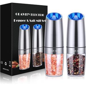 Gravity Electric Pepper and Salt Grinder Set, Salt and Pepper Mill & Adjustable Coarseness, Battery Powered with LED Light, One Hand Automatic Operation, Stainless Steel (Set/Silver)