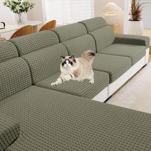 MAXIJIN Couch Cushion Covers for Sectional Sofa, Stretch Sofa Cushion Cover Washable Furniture Protector with Elastic Bottom & Non-Slip Strap for Pets Kids (1PC XL Seat Cover, Army Green)
