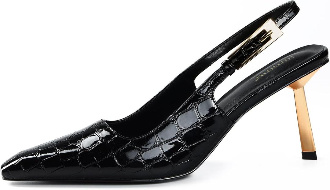 iiimmu Slingback Heels for Women 3.5 in / 4 in Kitten Heel Closed Toe Pumps Dress Shoes (11, Croc Pattern - Black)
