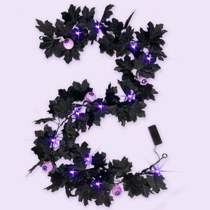 Black Maple Garland Halloween Decor Purple Lights Artificial Maple Wreaths for Wall Fireplace Outdoor Indoor Yard Haunted House Decoration