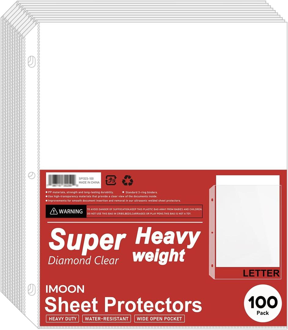Super Heavyweight Sheet Protectors for 3 Ring Binder - Thick Heavy Duty Clear Page Protectors, Crystal Clear Plastic Sleeves, Letter Size 8.5x11 Inch, Archival Safe (100 Pack)
