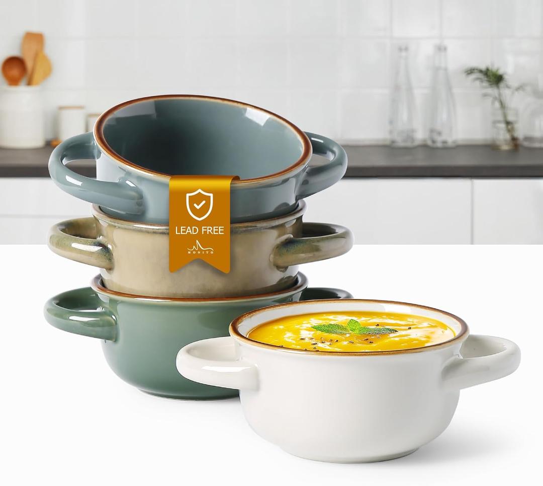 MONITO Ceramic Salad Bowl with Handles, 16 oz French Onion Soup Bowls, Ceramic Soup Bowls for Cereal, Pasta, Chilli, Beef Stew, Stackable Serving Bowl Set of 4 (16 OZ)