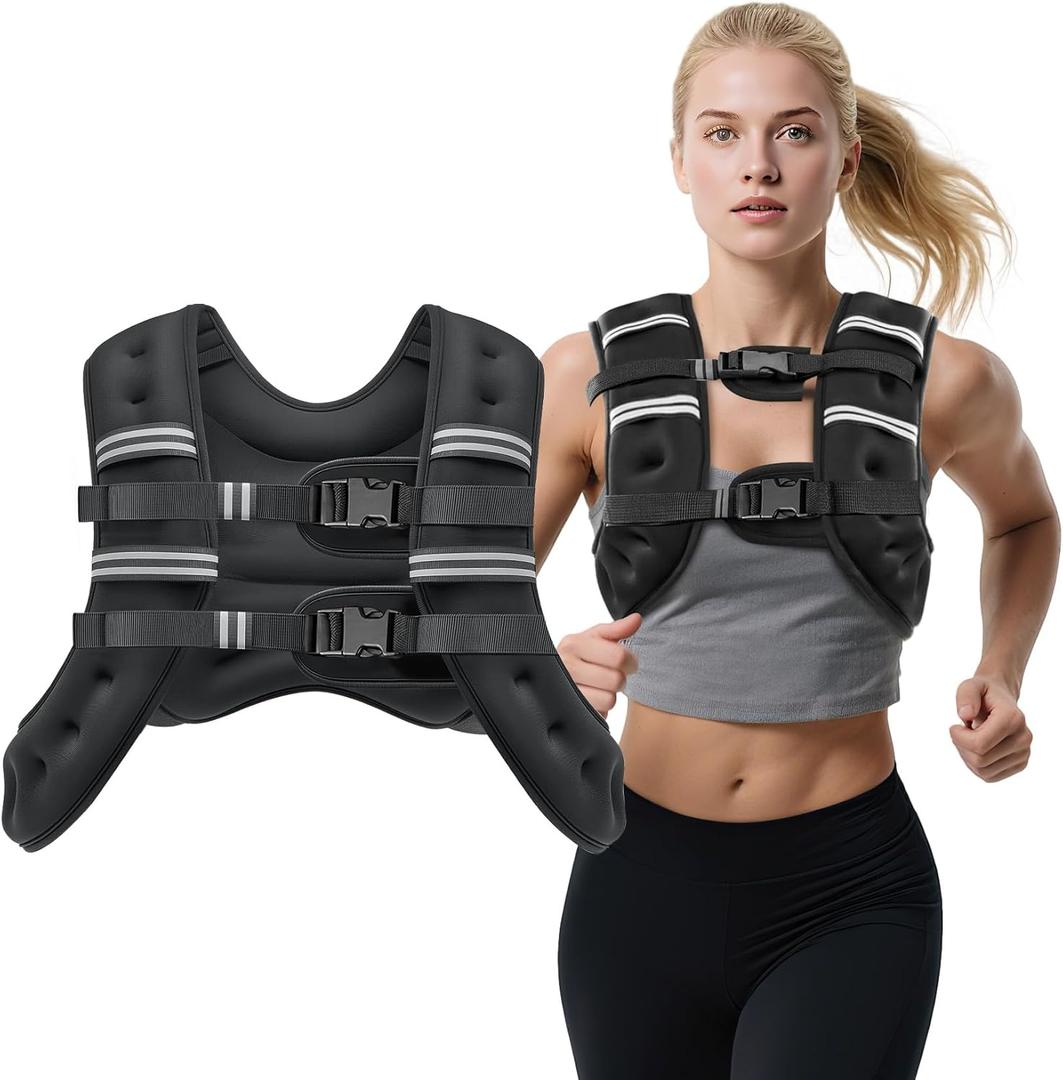 Weighted Vest, 12lb/ Weight Vest with Reflective Stripes for Men Women, Two Adjustment Straps for Workout, Strength Training, Running, Fitness, Muscle Building, Weight Loss (Black)