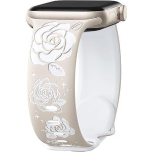 Adorve Floral Engraved Bands Compatible with Apple Watch Band 41mm 40mm 38mm 44mm 45mm 49mm 42mm 46mm Women, Soft Silicone Cute Flower Dual-color Bands for iWatch Series 10 9 8 7 6 5 4 3 2 1 SE Ultra (Starlight & White)