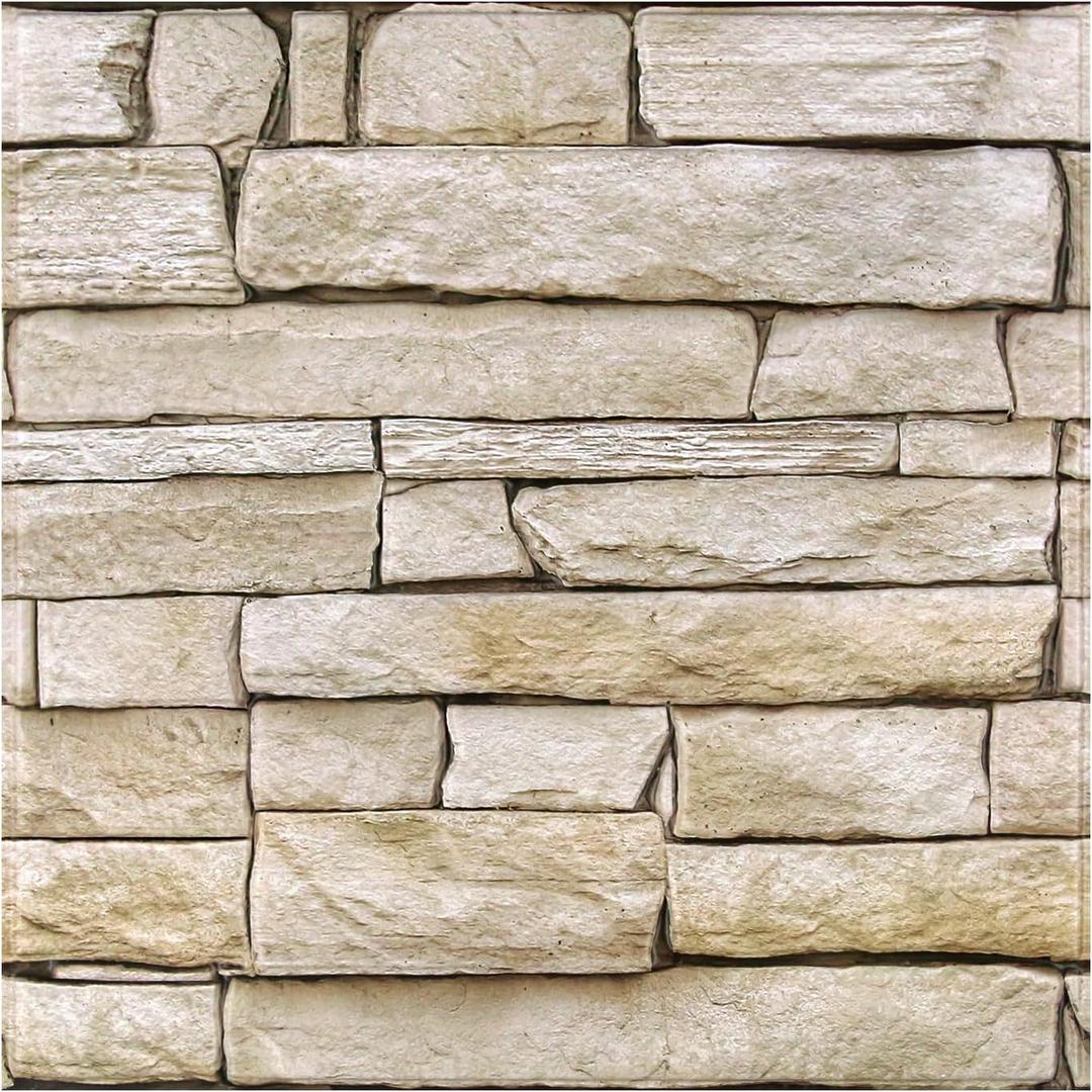3D Peel and Stick Faux Stone Wall Panels 11.8" x 11.8" 10-Pack, Stone-Look Wall Sticker, Thin Lightweight PVC Self Adhesive Wall Tiles for Interior Decor, Beige