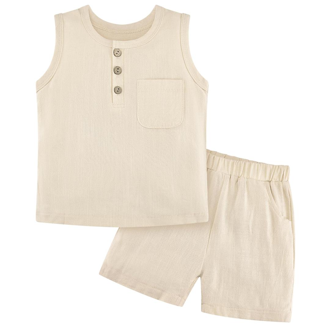 Weixinbuy Toddler Baby Boy Outfits Summer Clothes Set Cotton Linen Sleeveless Pocket T-Shirt Tops Shirt Shorts Outfit Set Khaki