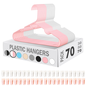 70 Stackable Nonslip Clothes Hangers - Adults Suit Hangers with 40 Additional Clips - Space Saving - Pink & White