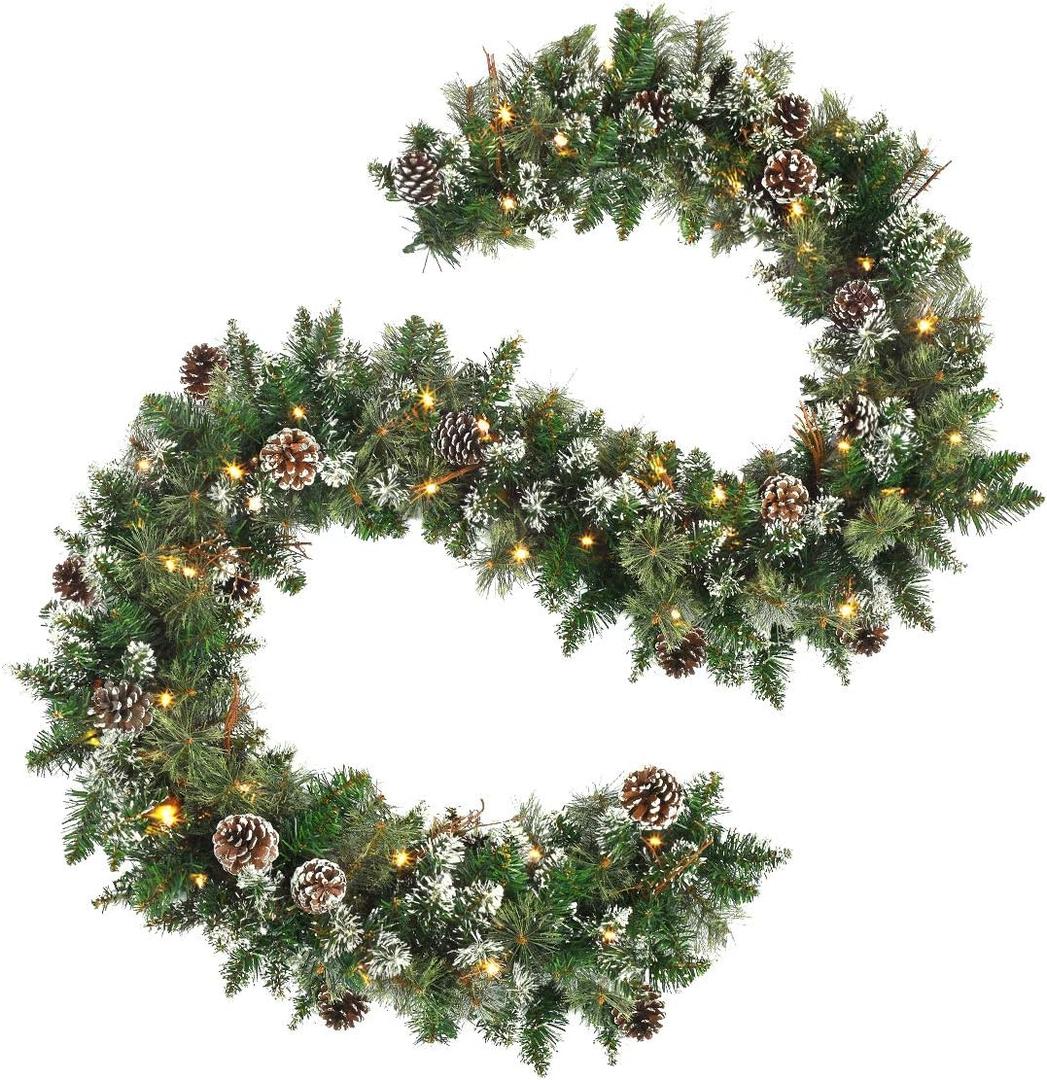 9 FT Prelit Christmas Garland with Pine Cones, Artificial Snowy Pine Garland for Christmas 50 LED Battery Operated Warm Lights and Timer Xmas Garlands Decor Indoor Outdoor