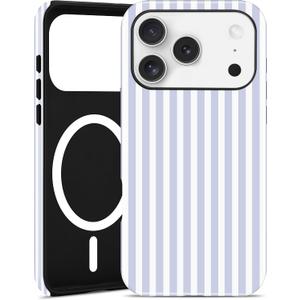 Compatible with MagSafe Striped Phone Case for iPhone 15 Pro Max, Cute Magnetic Blue and White Aesthetic Stripes Soft TPU and Hard PC Shockproof Protective Phone Cover for Women Girls