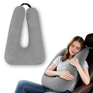Travel Pillow, Travel Pillow for Kids, Sleeper Hold Pillow Travel, Removable U-Shaped Pillow for Adults and Children to Support Head and Body in The Back Seat of Long Car Trips (Grey)