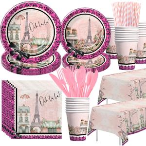 Paris Theme Party Decorations Supplies - Paris Eiffel Tower Decorations Tableware, Paper Plate, Cup, Napkin, Tablecloth, Cutlery, for Birthday Baby Shower Weddings Party | Serves 24