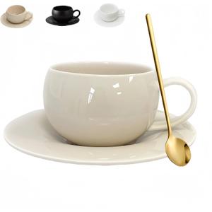 ARISKEY Coffee Mug Set of 2,9.5oz/280ml Ceramic Tea Cup and Saucer Set with Spoon Perfect for Latte and Milk,Gift for Mother,Friends and Family(Creamy White)