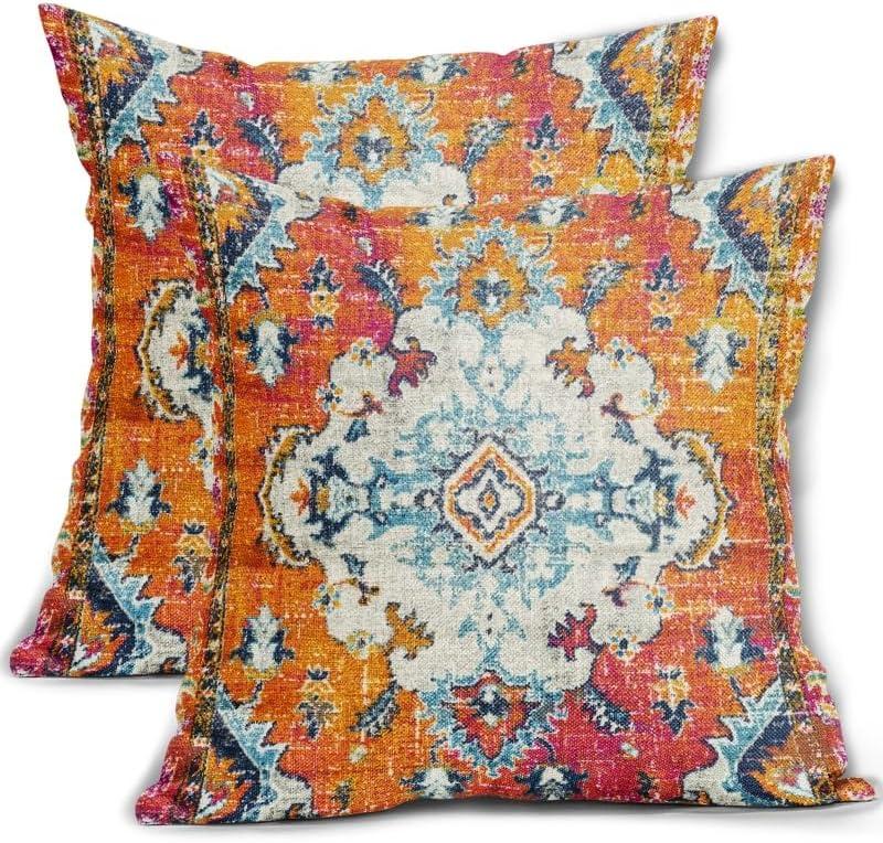 Orange Teal Boho Vintage Pillow Covers 18X18 Inch Bohemian Carpet Print Decorative Pillow Cases Antique Ethnic Indian Rust Throw Pillows Set of 2 Farmhouse Home Decor For Sofa Couch Porch Outdoor