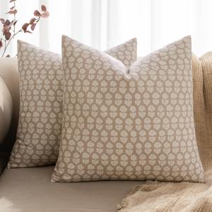 MIULEE Block Print Pillow Covers 18x18 Inch Set of 2, Vintage Floral Throw Pillow Cases Neutral Linen Farmhouse Cushion Covers for Couch Sofa Bed Chair Living Room, Cream Oatmea