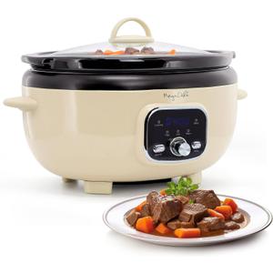MegaChef 6.9 Quart Oval Electric Slow Cooker, Removable Ceramic Pot, 3 Heat Settings, Kitchen Appliance, Countertop Cooker (Cream)
