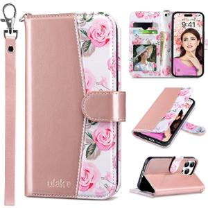 ULAK Compatible with iPhone 16 Pro Wallet Case with Card Holder, PU Leather Case with Kickstand Card Slots Wrist Strap, Durable Shockproof Protective Cover 6.3 Inch, Rose Pink Floral