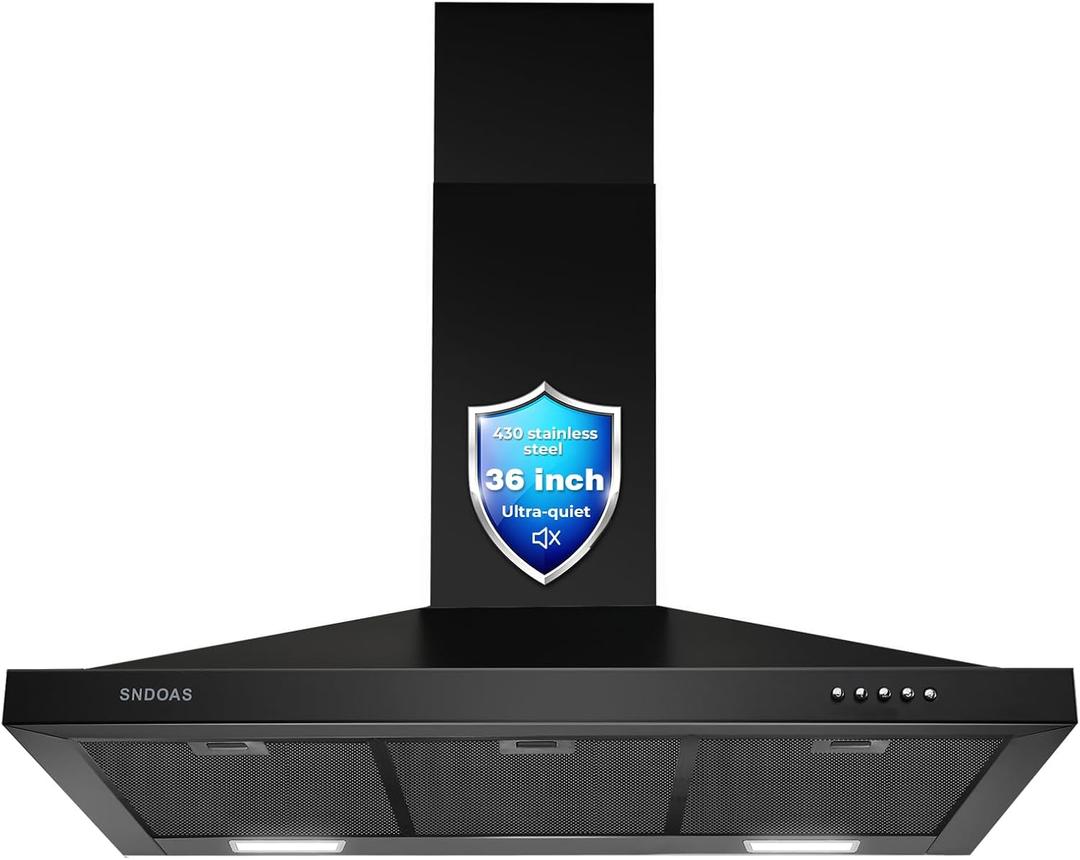SNDOAS Black Range Hood 36 inches,Stainless Steel Wall Mount Range Hood Black,Kitchen Hood Vent with Ducted/Ductless Convertible,Hood Vents for Kitchen,Ductless Range Hood,Vent Hood 36 inch
