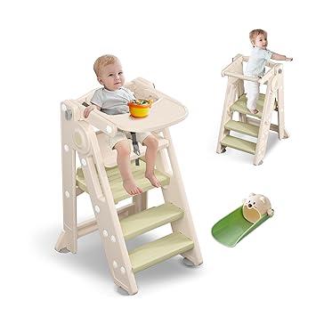 2-in-1 Folding Learning Tower for Children, Montessori Stool Adjustable Height, Versatile Montessorian Ladder with Seat Kit and Tray for Children, Green