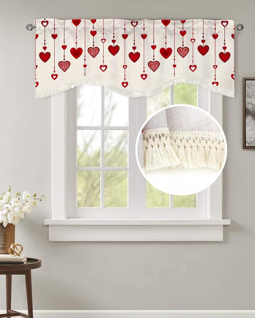 Red Stripe Valance Love Scalloped Curtain Valances, Rod Pocket Kitchen Window Valances with Tassel, Romantic Spring Valance Curtains for Bedroom Living Room Retro Cotton Linen Short Curtains 54x18In