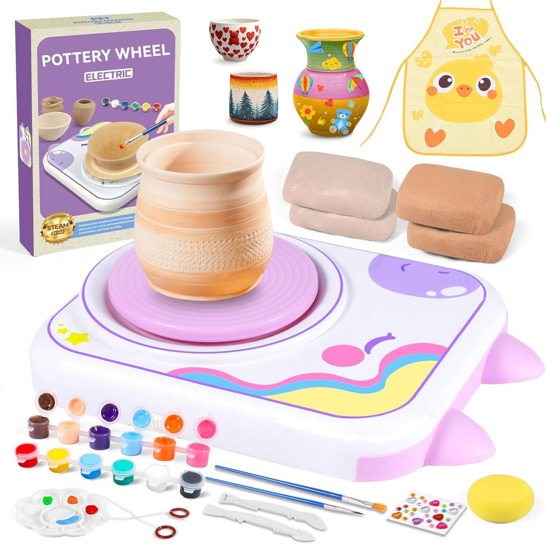 weirtoya Pottery Wheel for Kids -Arts & Crafts Painting Set for Ages 3+ Pottery Studio Kit with 4 Pack Air-Dry ClayArt Supplies for Kids Toys Girls Birthday Gift for 3+(Purple)