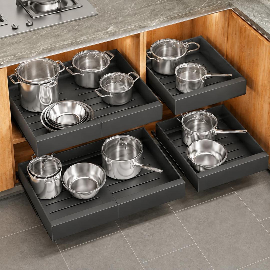 4 Pack Pull out Cabinet Organizer, Expandable(12"-20") Heavy Duty Slide out Drawer Fixed with Adhesive Nano Film for Pots, Roll out Shelf Storage for Kitchen Organization, Pantry, Bathroom(Black)